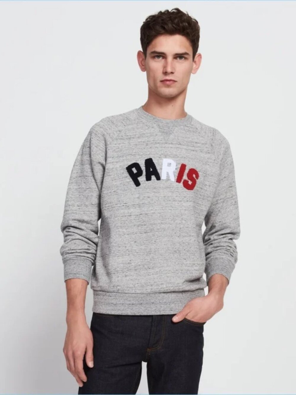 SANDRO Grey Cotton Terry Fleece "Paris" Logo Crew Neck Raglan Sweatshirt, Size S
